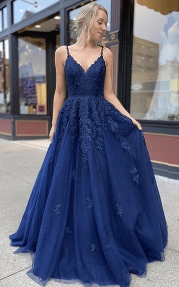 Lace Dark Navy Spaghetti A-line Prom Dress with Corset Back