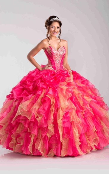 Beaded Pick-Ups Ruffled Sweetheart Strapless Ball Gown