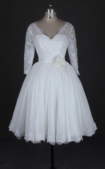 Plunged Lace 3-4-sleeve short A-line Wedding Dress With Flower