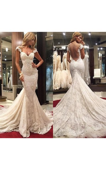 Cap-sleeve Lace Mermaid Backless Wedding Dress With Appliques And Court Train