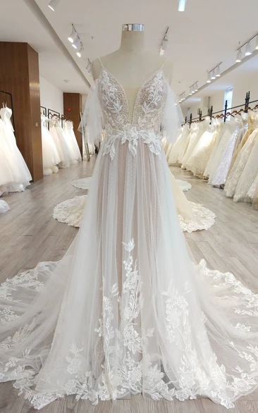 Adorable Spaghetti Plunged Tulle Empire Pleated Wedding Dress with Sweep Train and Lace Applique