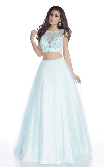 Crop-Top Lace-Bodice Featuring Rhinestones A-Line Cap-Sleeve Formal Tulle Dress