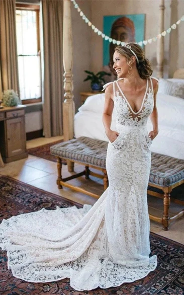 Lace Elegant Sexy V-neck Mermaid Sheath Sheer Wedding Dress with Pockets