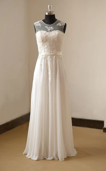 Bridal Pearls Pleats Chiffon Jewel-Neckline Gown
