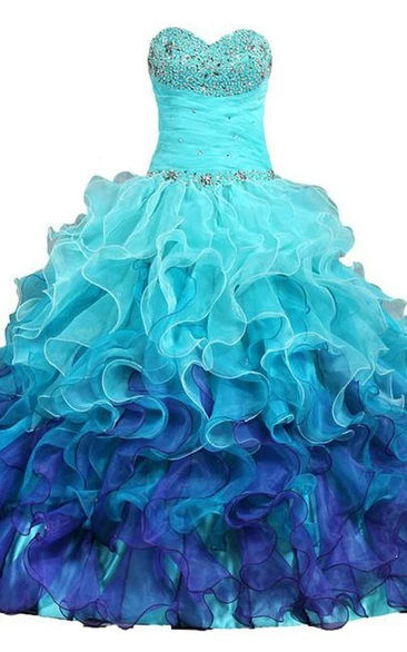 Full-Length Organza Sweetheart Bell Cascading-Ruffle Jeweled Sequined Ball Gown