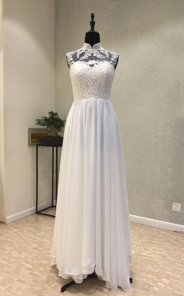 Elegant Garden Style Chiffon High-neck Sleeveless Floor-length Wedding Dress with Lace