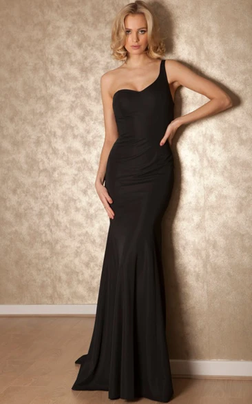 Sheath One-shoulder Sleeveless Floor-length Jersey Evening Dress with Tied Back