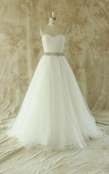 A-Line Beaded Satin Sash Ivory Romantic Wedding Gown