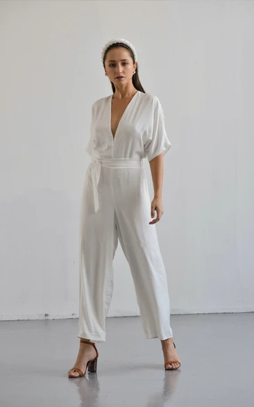 White Loose Wide Leg Pantsuit Half Sleeves Ankle Length Wedding Jumpsuit