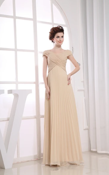 Chiffon Criss-Cross Ruched Floor-Length Dress With Pleats