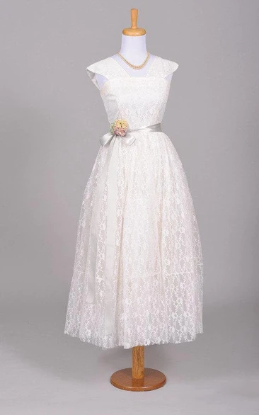 vintage Cap-sleeve Tea-length Lace Dress With Flower