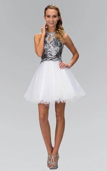 A-Line Short Jewel-Neck Sleeveless Tulle Keyhole Dress With Appliques And Embroidery