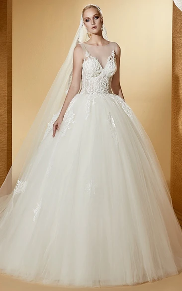 Bateau Illusion Sleeveless Tulle Ball Gown With Appliques