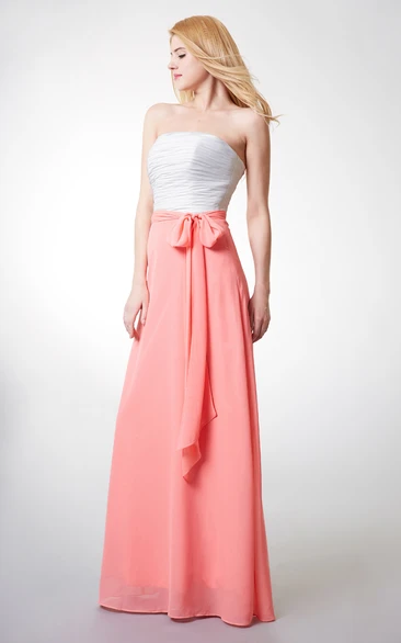 Ruched Satin Sash Floor-Length A-Line Strapless Chiffon Long Gown