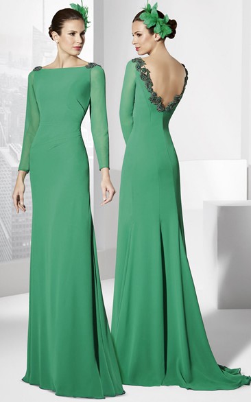 A Line Jewel Long Sleeve Floor-length Jersey Mother Of The Bride Dress with Low-V Back and Appliques