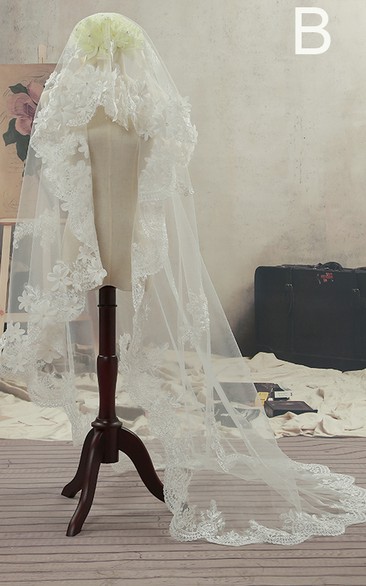 Simple Sweep Tulle Wedding Veil with Lace Edge and Flowers