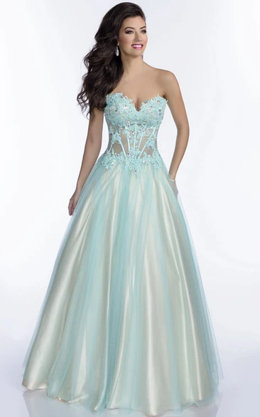 Sweetheart Lace-Up Back Lace Appliqued Strapless Tulle A-Line Gown