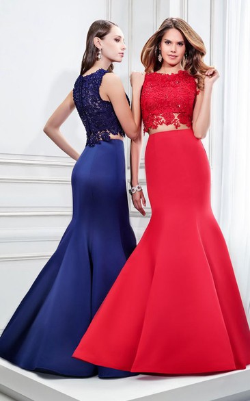 Mermaid Bateau Sleeveless Satin Two Piece Prom Dress With Lace top