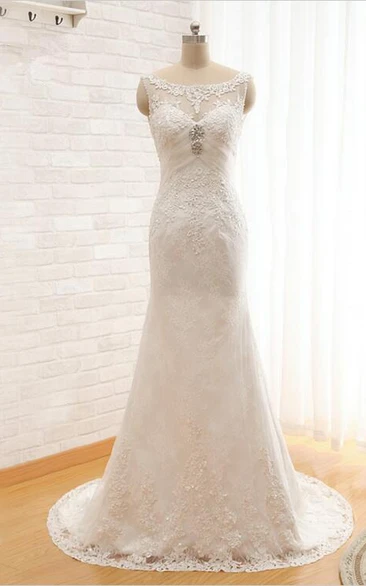 Lace Beaded Ruched Sheath Floor-Length Wedding Dress