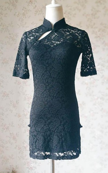 Chines Style Short Black Lace Mini Black Short Black Prom Black Wedding Short Sleeve Custom Summer Dress
