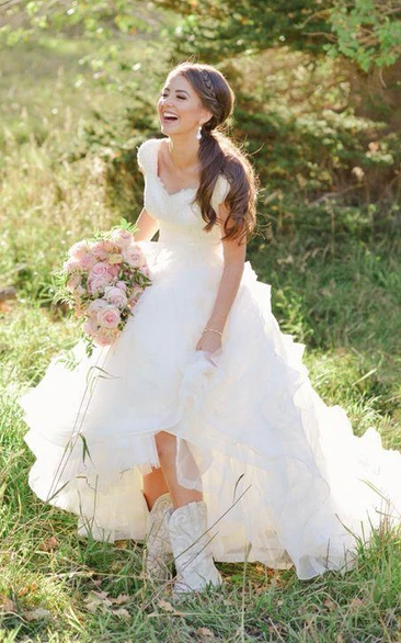 Queen Anne Organza Lace Cap Short Sleeve Wedding Gown