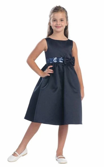 Tiered Ribbon Satin Bowknot Midi Sequined Flower Girl Dress