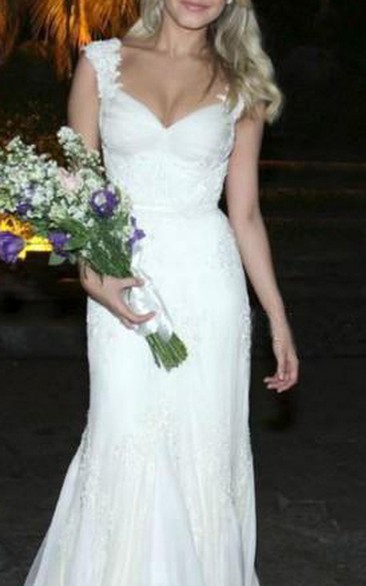 Queen Anne V-neck Lace Cap Short Sleeve Wedding Dress