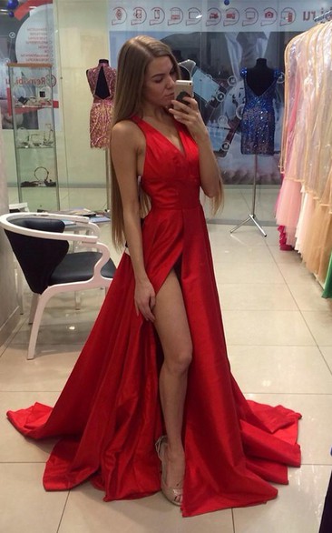 V-Neckline Sleeveless Front-Slit Formal Red Sassy Long Dress
