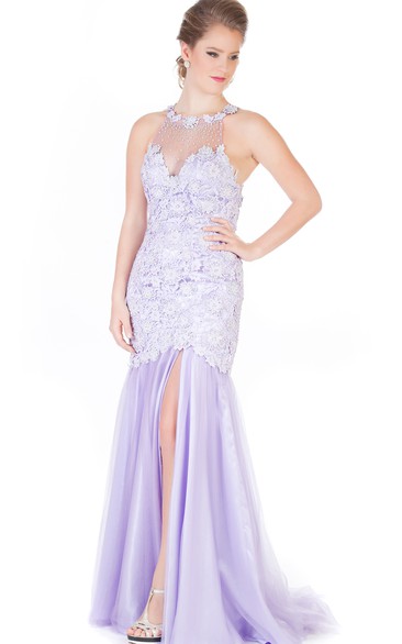 Mermaid/Trumpet High Neck Sleeveless Floor-length Tulle Formal Dress with Split Front and Appliques