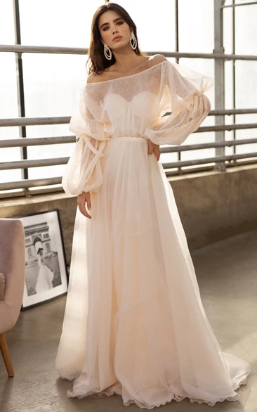 Off-the-shoulder Puff-long-sleeve Empire A-line Tulle Wedding Dress
