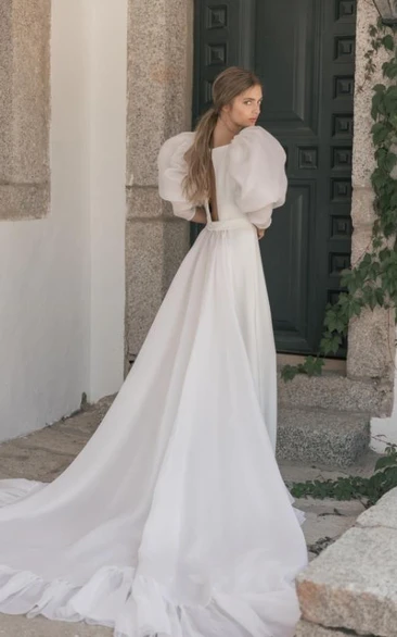 Elegant Puff-sleeve Sheath Chiffon Sweep Train Wedding Dress