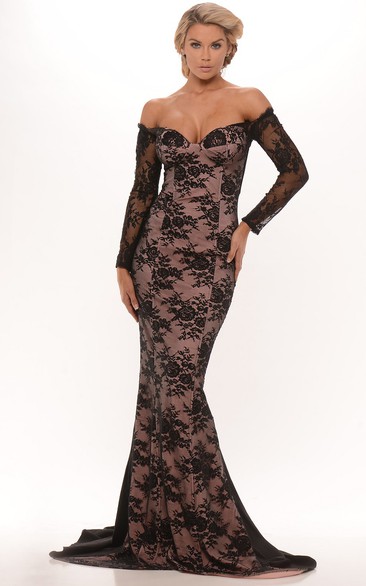 sassy Off-the-shoulder Lace Trumpet Long Sleeve evening Dress
