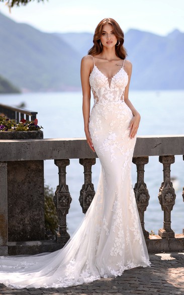 Lace Mermaid Spaghetti Elegant Applique Wedding Dress with Court Train