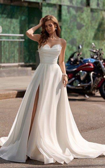 Sweetheart Ruched Front Split A-line Ball Gown Wedding Dress 