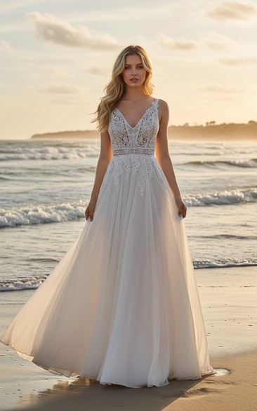 V-Neck Lace Beach Wedding Dress with Sheer Skirt