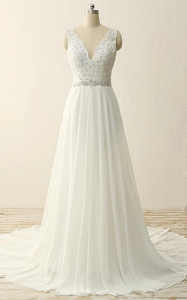 dipped-v-neck Sleeveless A-line Beaded Chiffon Wedding Dress With Appliques