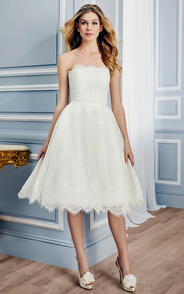 Strapless Lace Tea-length A-line Wedding gown