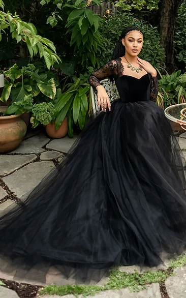 Black Gothic Ball Gown Queen Anna Neck Court Train Tulle Wedding Dress with Ruching