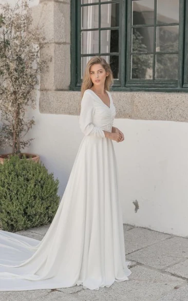 Modern Long Sleeve Chiffon Ruched V-neck Sweep Train Wedding Dress