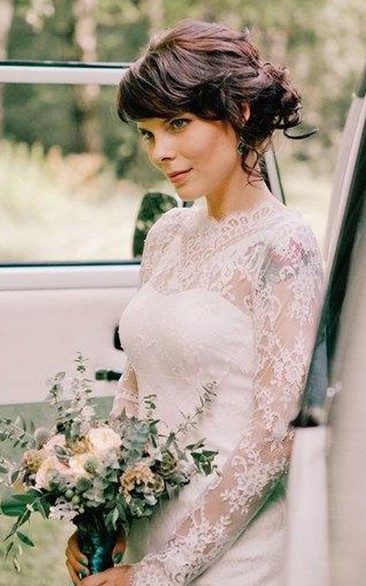 High Neck Lace Long Sleeve Knee-Length Wedding Dress