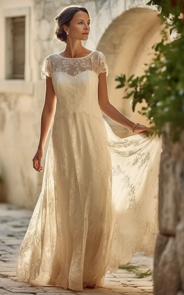 Scoop-neck Short-sleeve Lace Sheath Vintage Wedding Dress