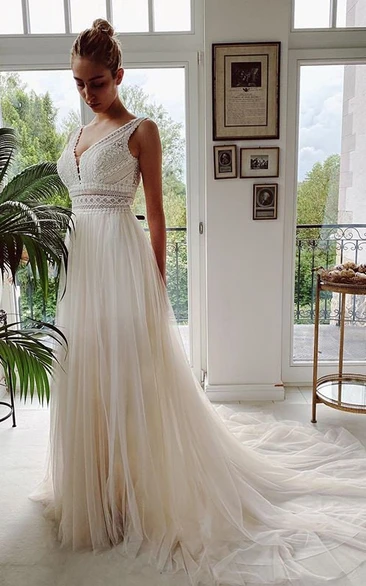 Lace V-neck Empire Tulle Pleated Summer Court Train Wedding Dress