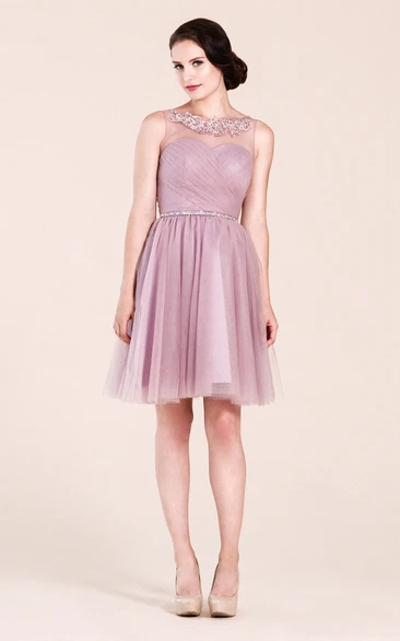 Bateau Sleeveless Tulle Criss-cross Ruched short Bridesmaid Dress With Low-V Back