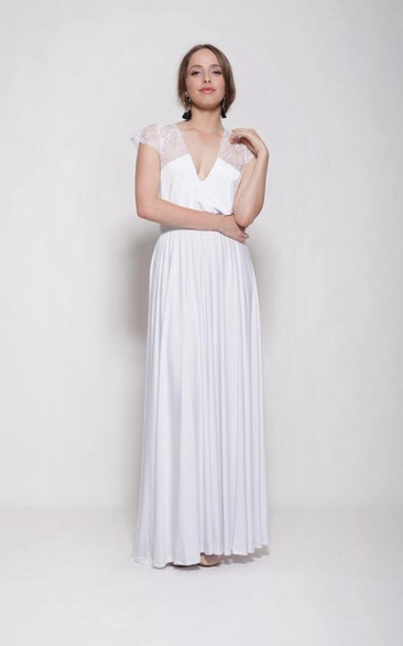 Plunged Cap-sleeve Floor-length Pleated Wedding Dress With Lace
