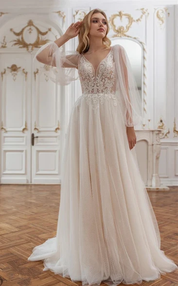 Illusion Flowy Long Sleeve Charming Empire A-line Applique Wedding Dress