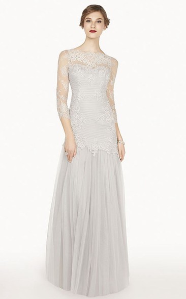 Bateau Illusion 3-4-sleeve Tulle Dress With Appliques And Ruching