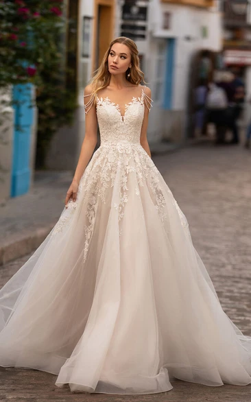 Lace Spaghetti Beaded Empire A-line Ball Gown Wedding Dress
