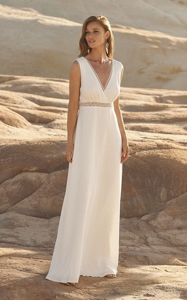 Sleeveless Plunging Chiffon Wedding Dress With Open Back And Lace Details