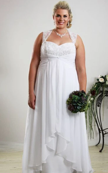 Queen Anne A-line Chiffon plus size wedding dress With Beading And Pleats