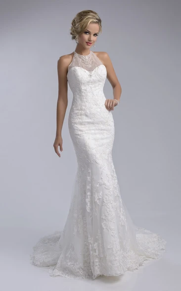 Sheath High Neck Sleeveless Floor-length Lace Wedding Dress with Corset Back and Appliques